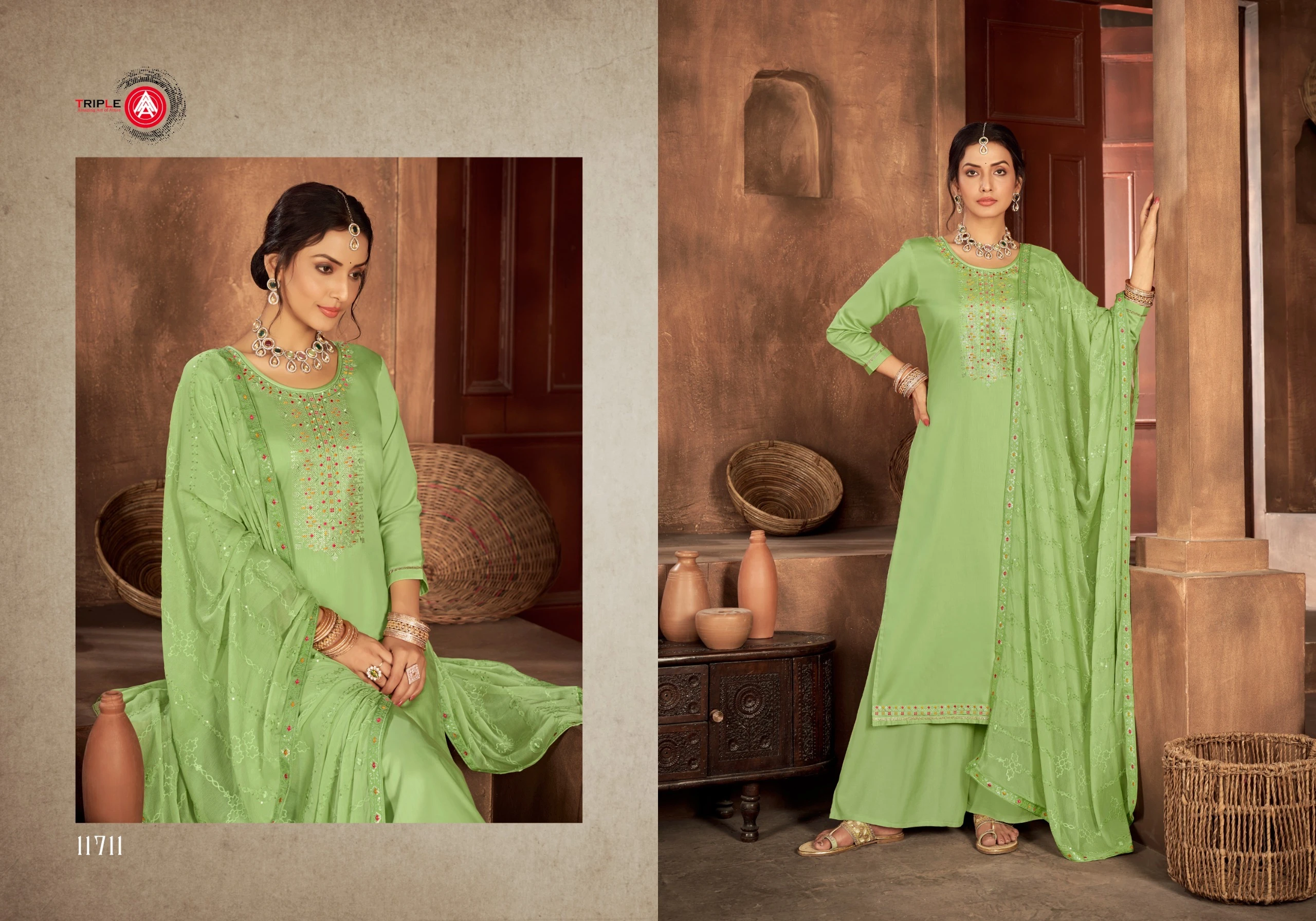 Triple Kaara Pure Jam Silk Wholesale Fancy Salwar Suit Catalog — Wholesale Salwar Suits, MPA wholesale from Surat — view 6